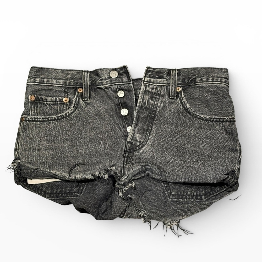 Levis 501 Mid Rise Cutoff Denim Shorts Faded Black Frayed Hem Button Fly SZ 28
